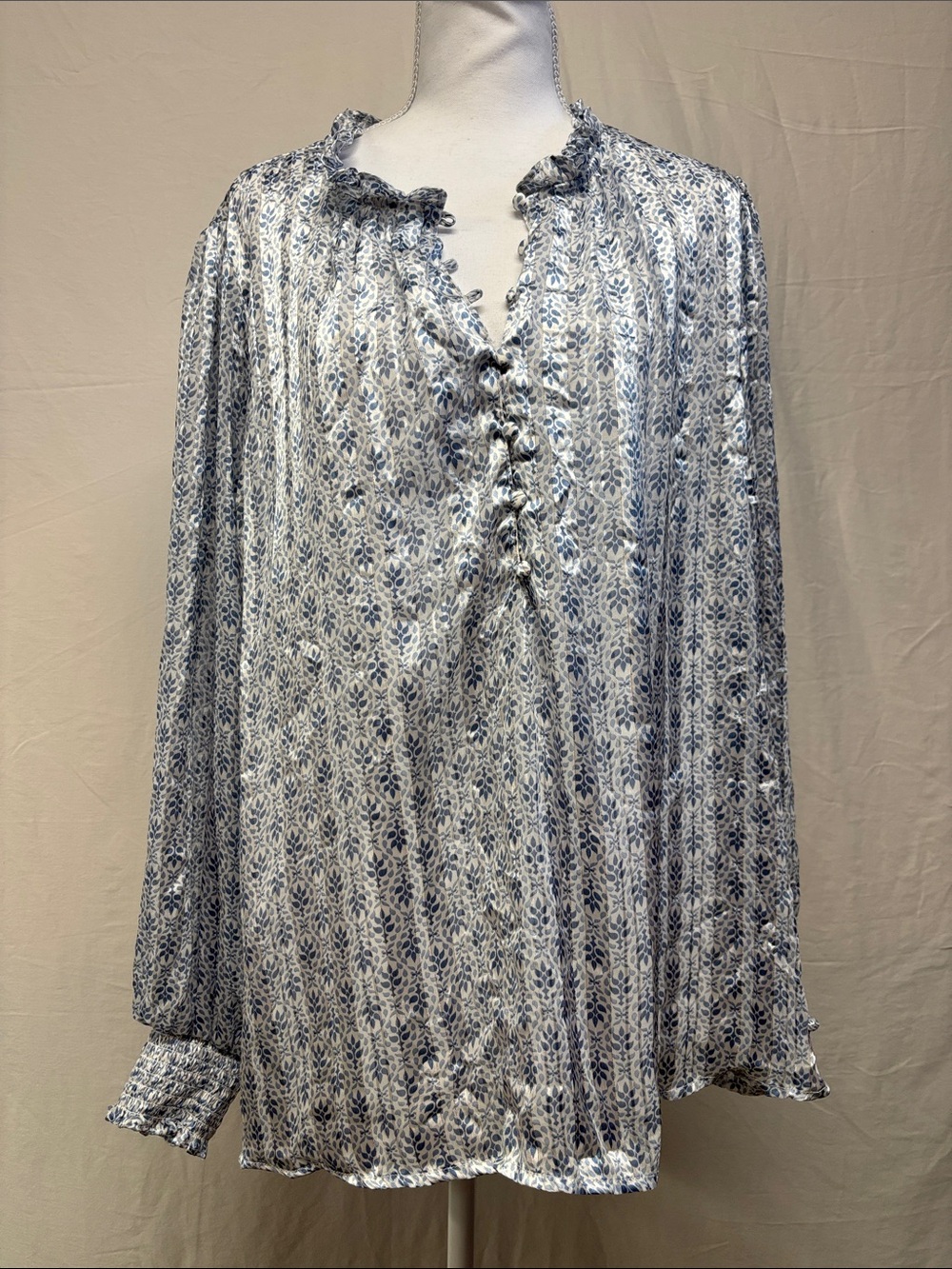 Pretty Light Blue Floral Ruffle-Trim Button Up Blouse